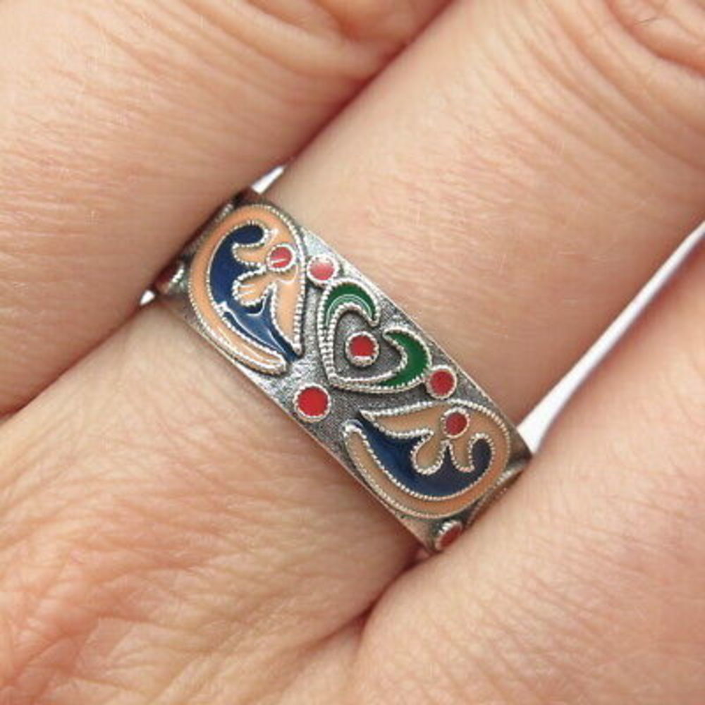 925 Sterling Silver Vintage Morocco Colorful Enamel Band Ring Size 9.25